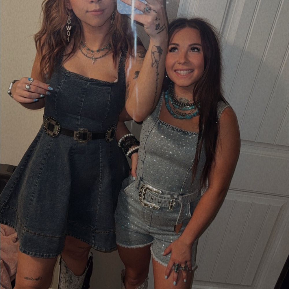 Denim Dress and Sparkly Romper Set